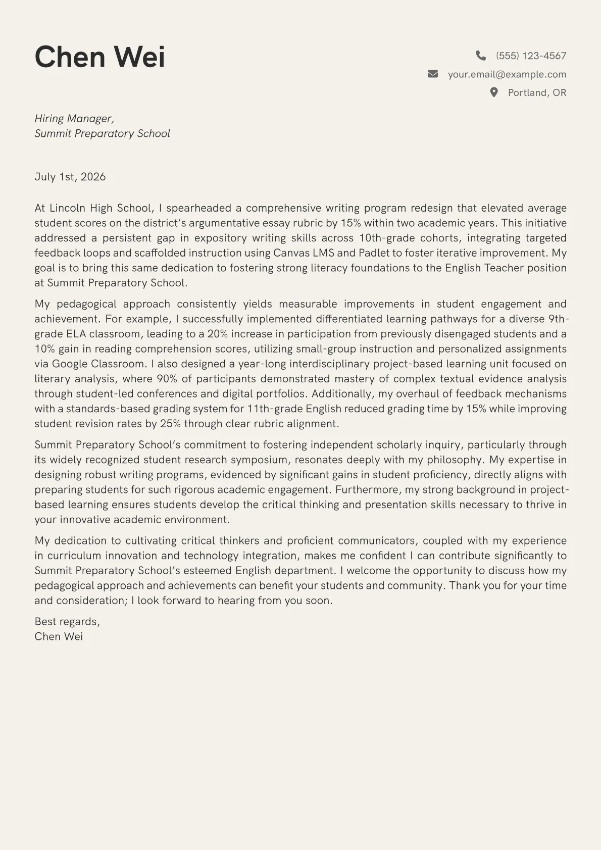 English Teacher cover letter formatted with a JobSprout template