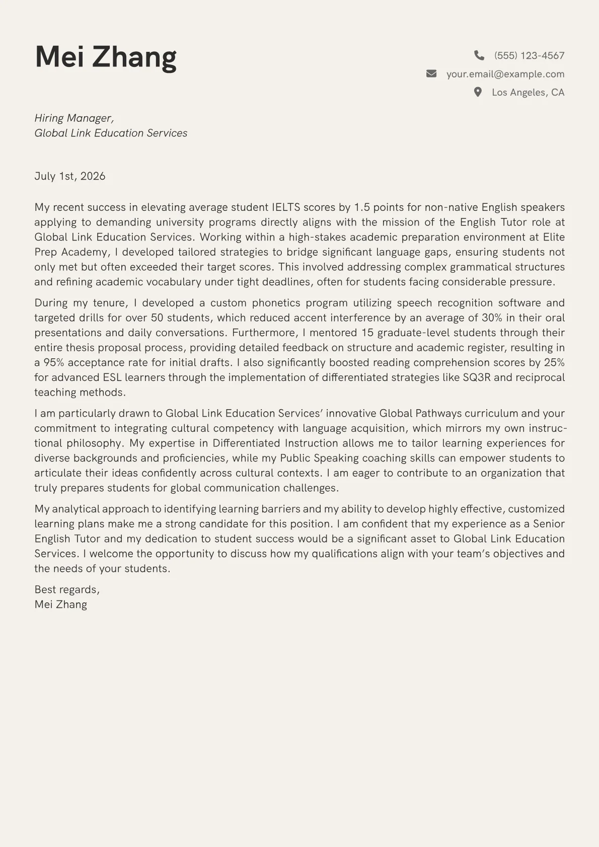 English Tutor cover letter formatted with a JobSprout template