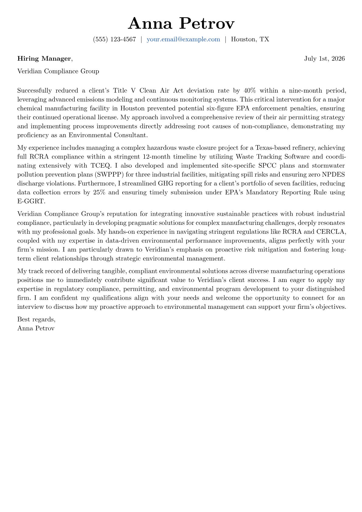 Environmental Consultant cover letter formatted with a JobSprout template