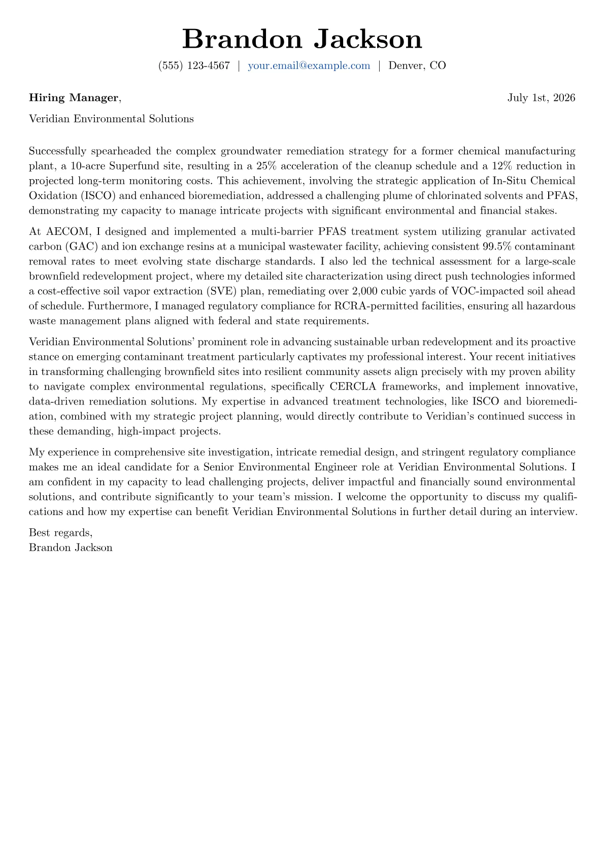 Environmental Engineer cover letter formatted with a JobSprout template