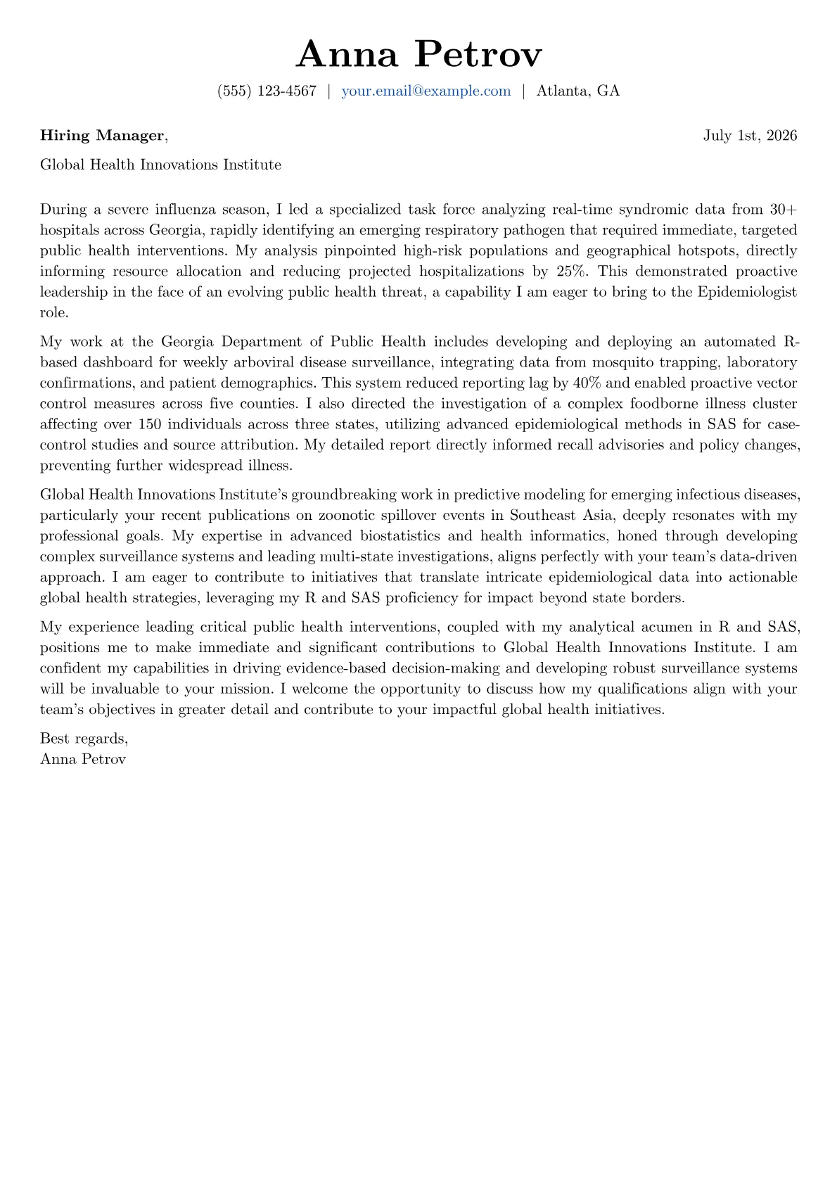 Epidemiologist cover letter formatted with a JobSprout template