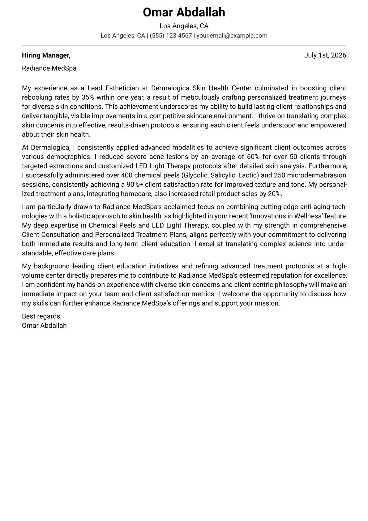 Esthetician cover letter formatted with a JobSprout template