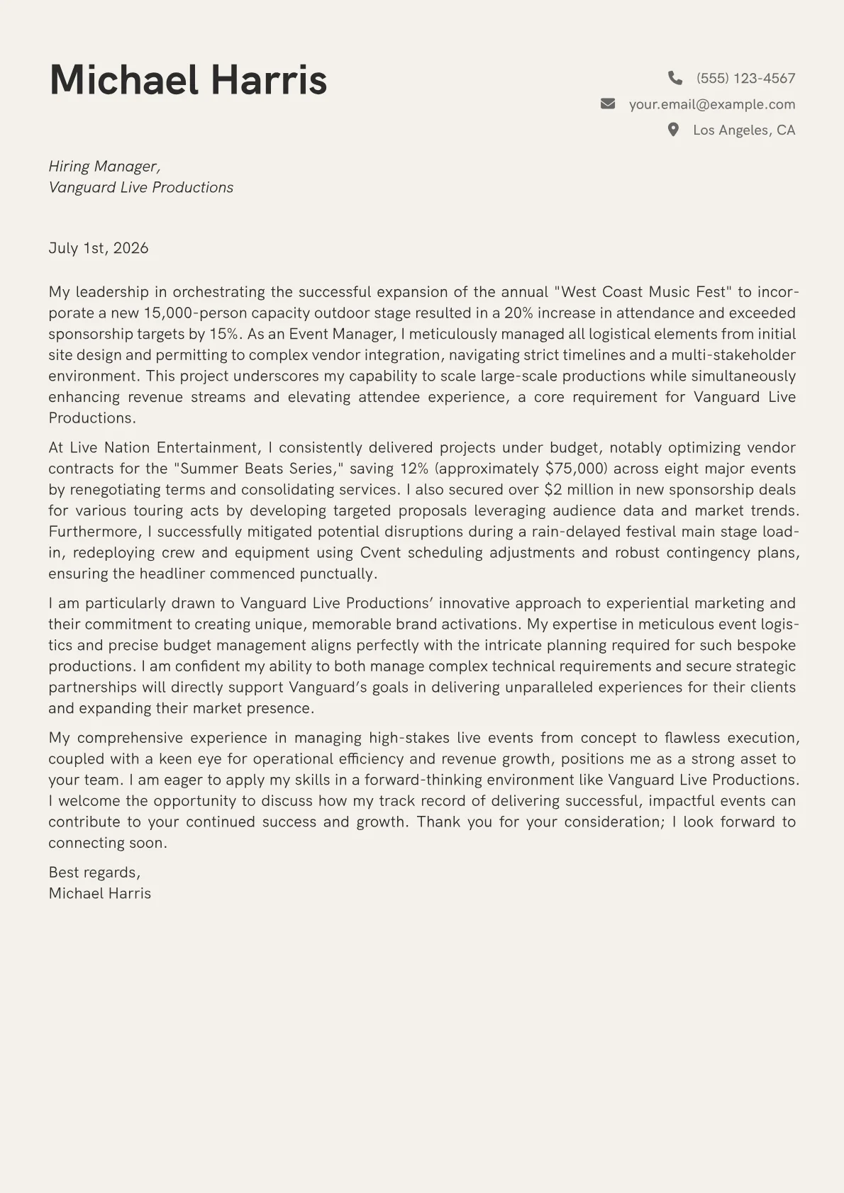 Event Manager cover letter formatted with a JobSprout template