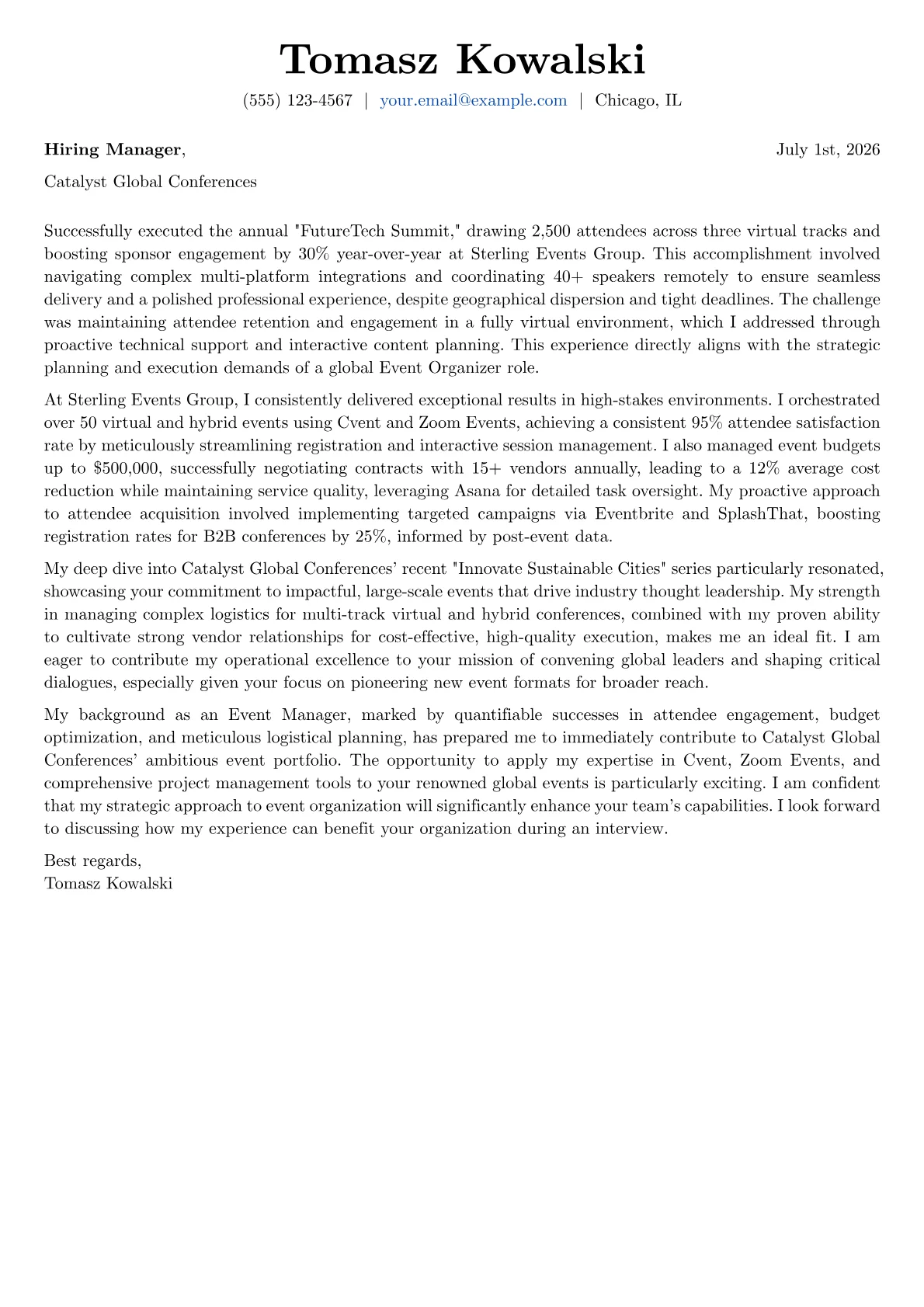 Event Organizer cover letter formatted with a JobSprout template