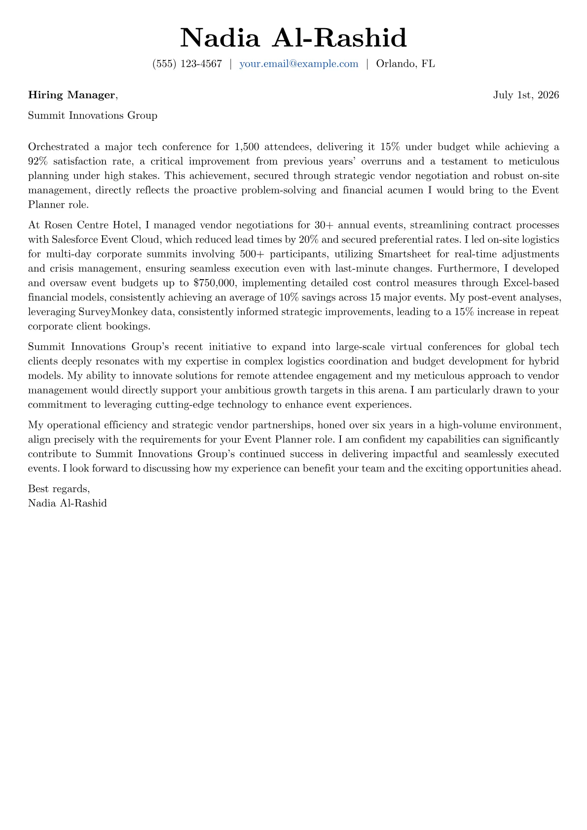 Event Planner cover letter formatted with a JobSprout template