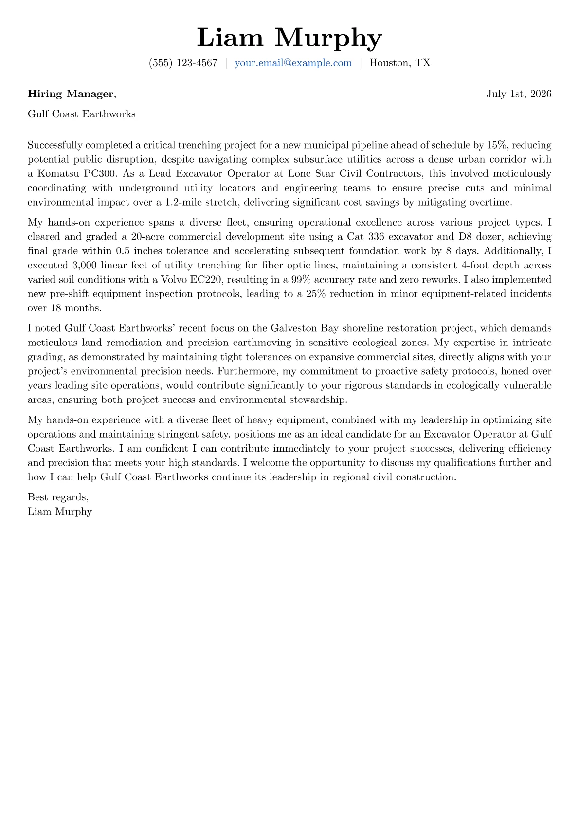 Excavator Operator cover letter formatted with a JobSprout template