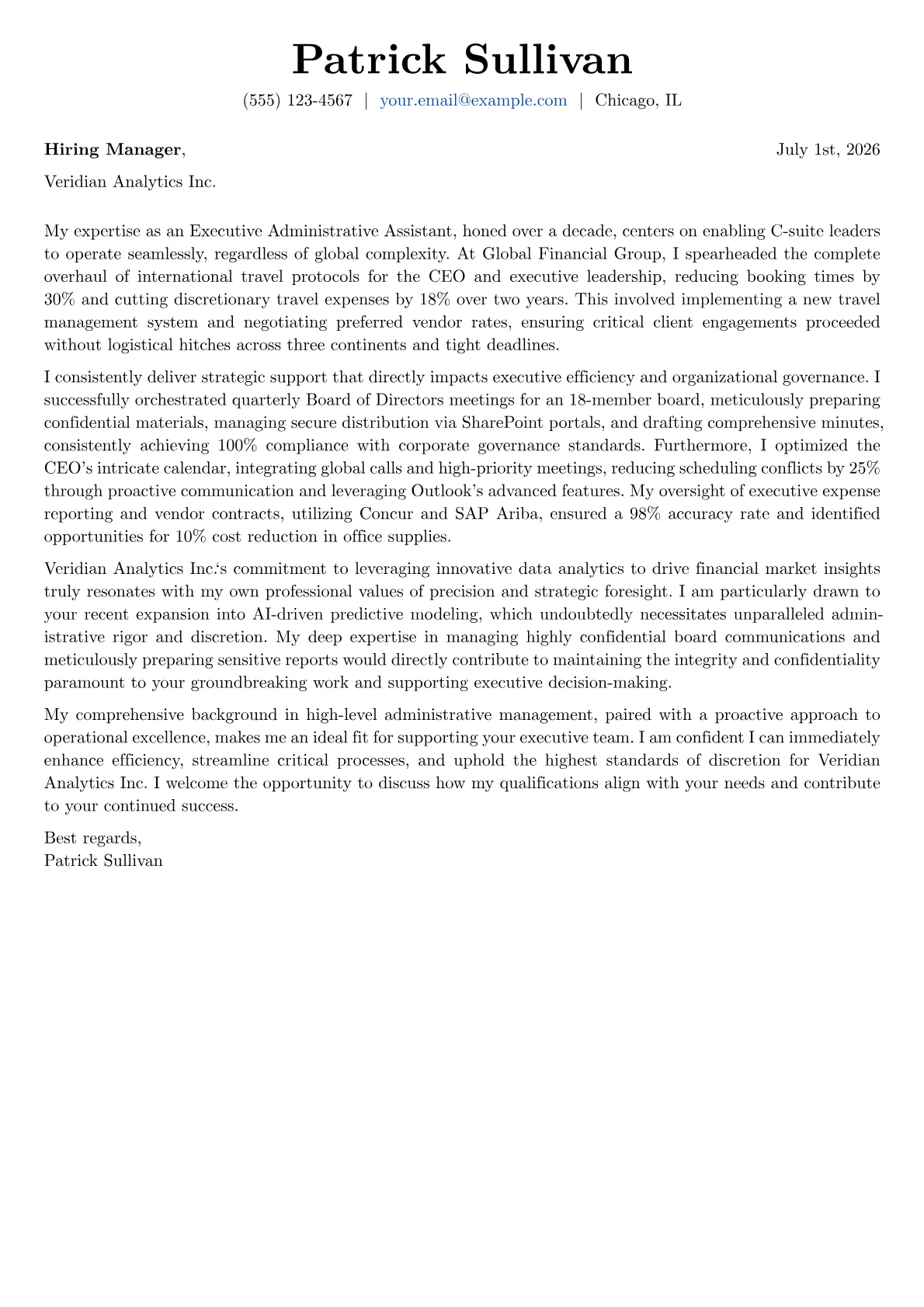 Executive Administrative Assistant cover letter formatted with a JobSprout template