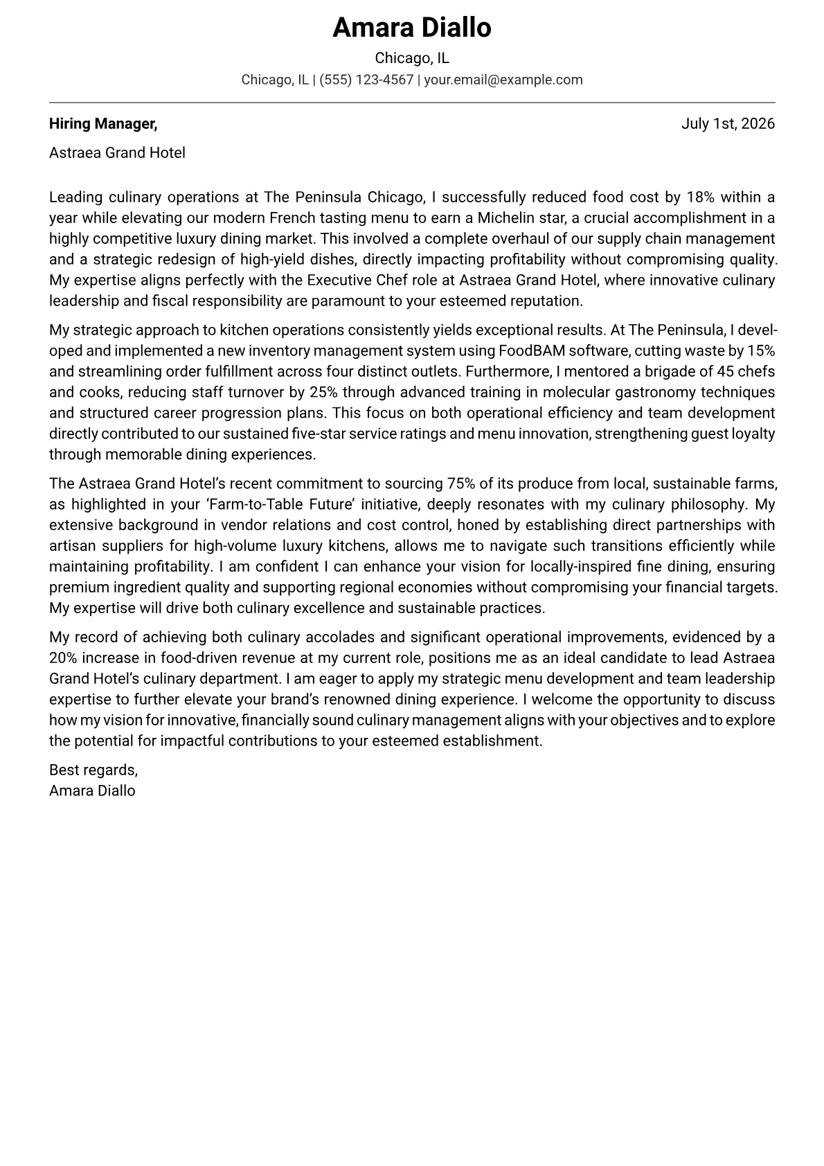 Executive Chef cover letter formatted with a JobSprout template