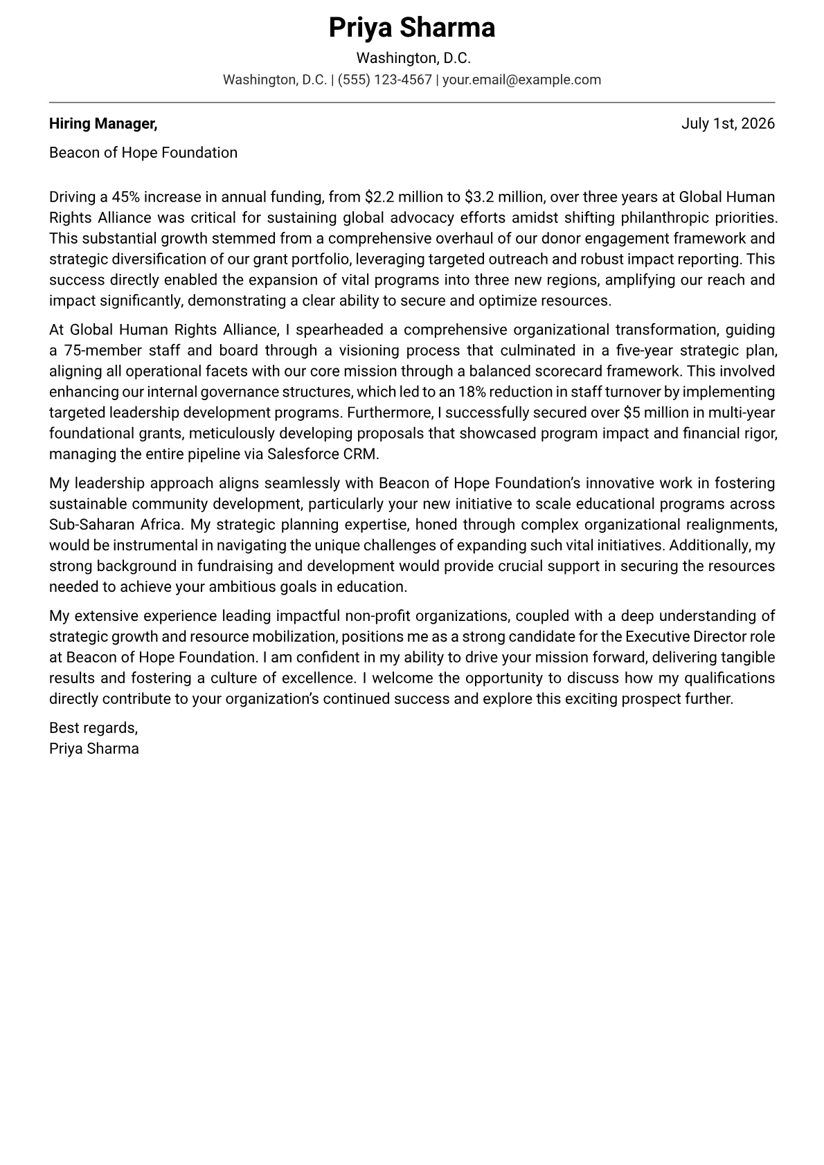 Executive Director cover letter formatted with a JobSprout template