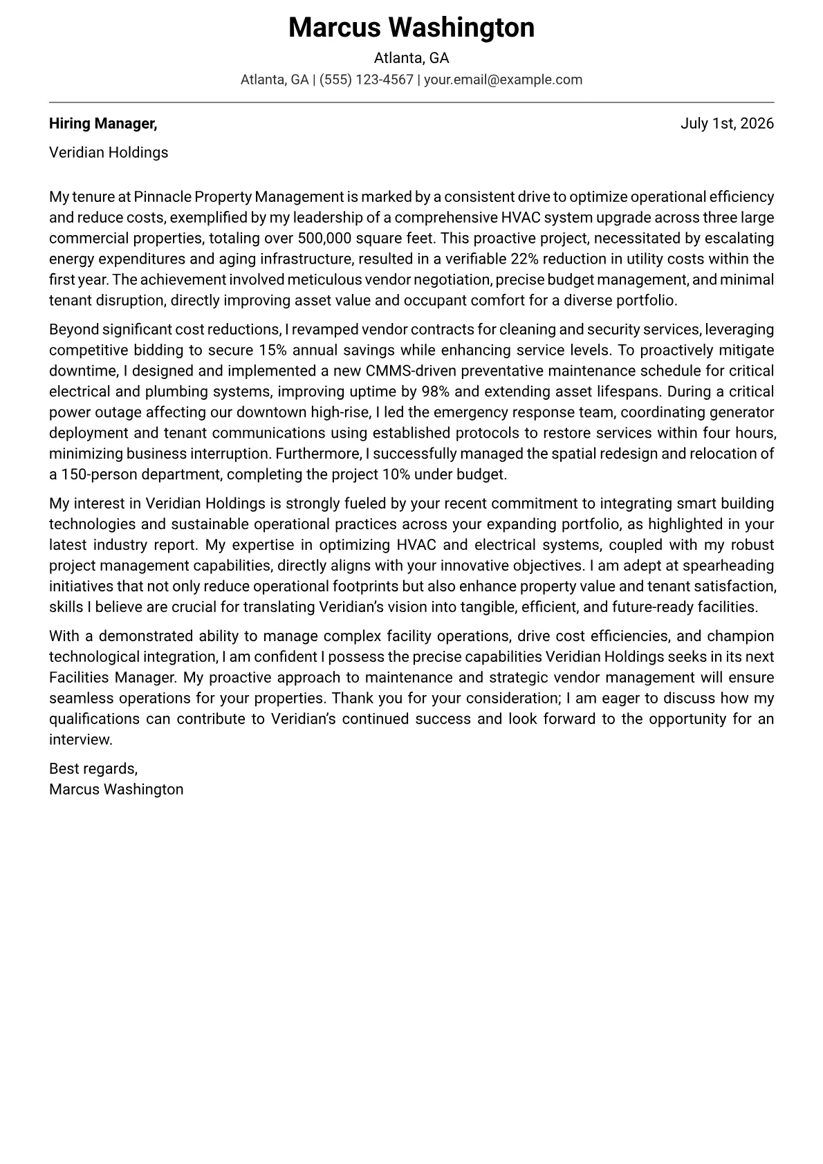 Facilities Manager cover letter formatted with a JobSprout template