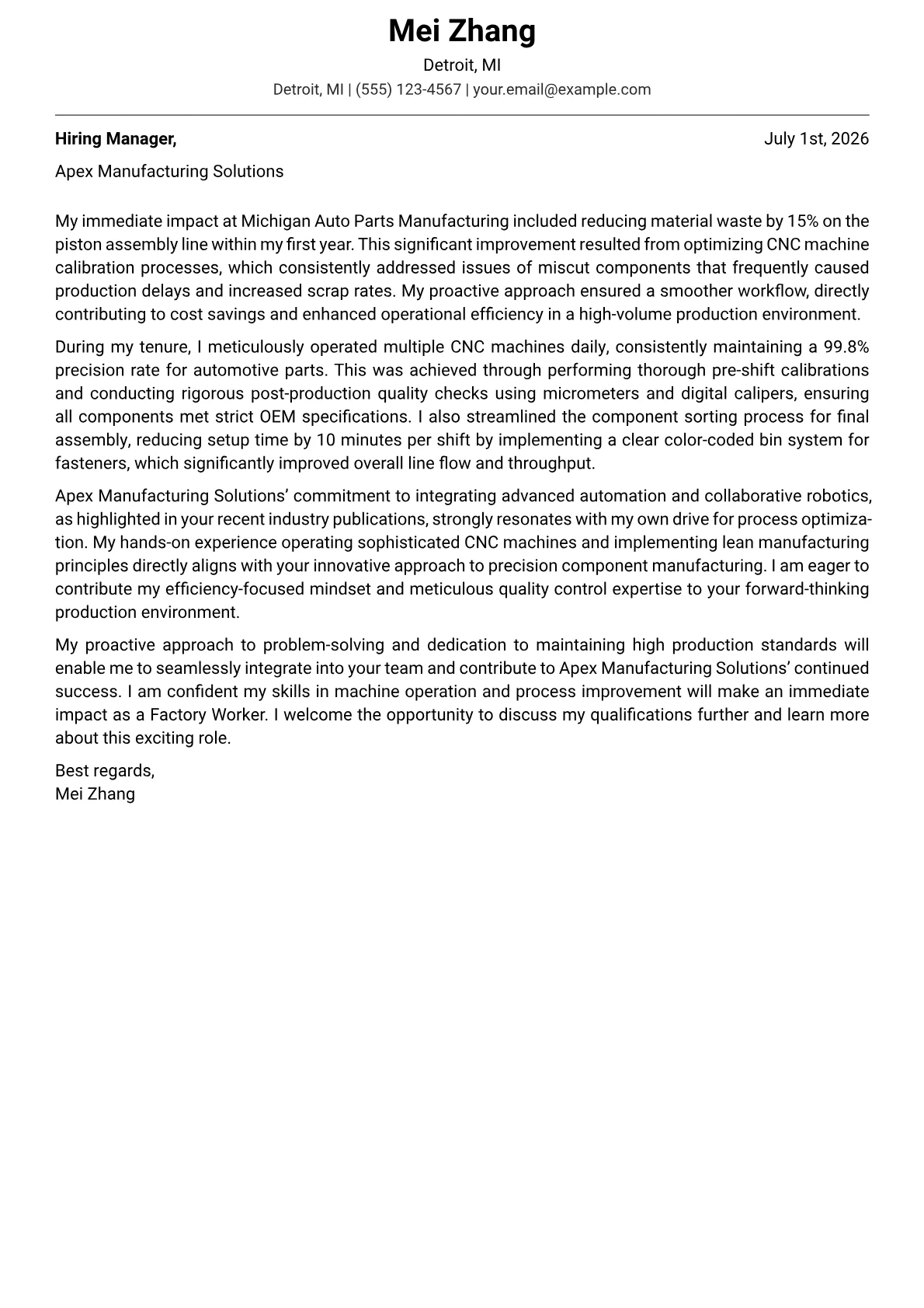 Factory Worker cover letter formatted with a JobSprout template