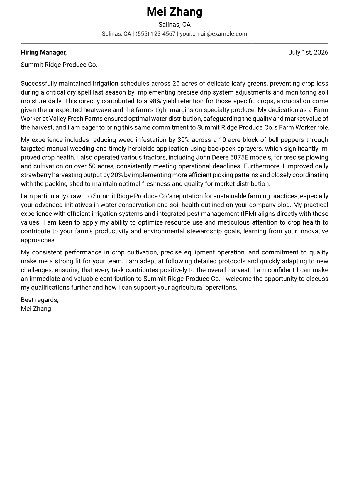 Farm Worker cover letter formatted with a JobSprout template