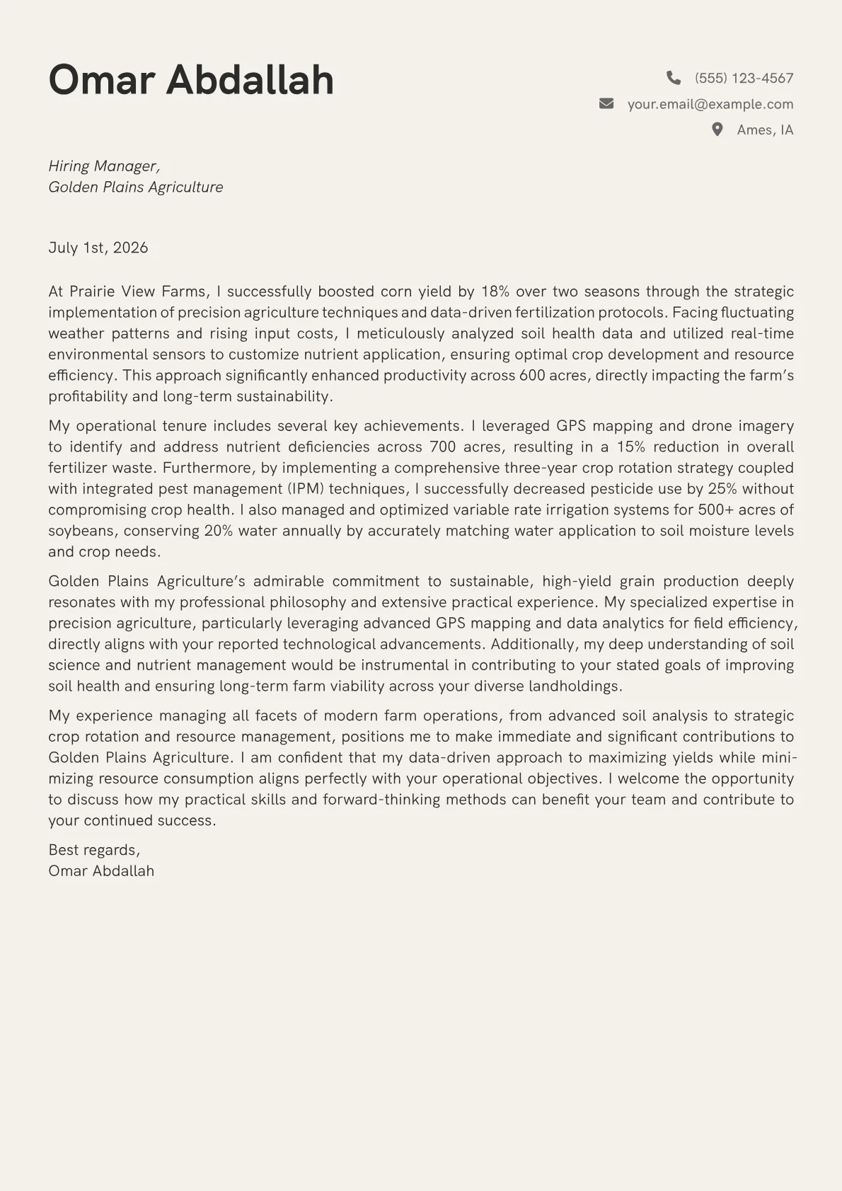 Farmer cover letter formatted with a JobSprout template