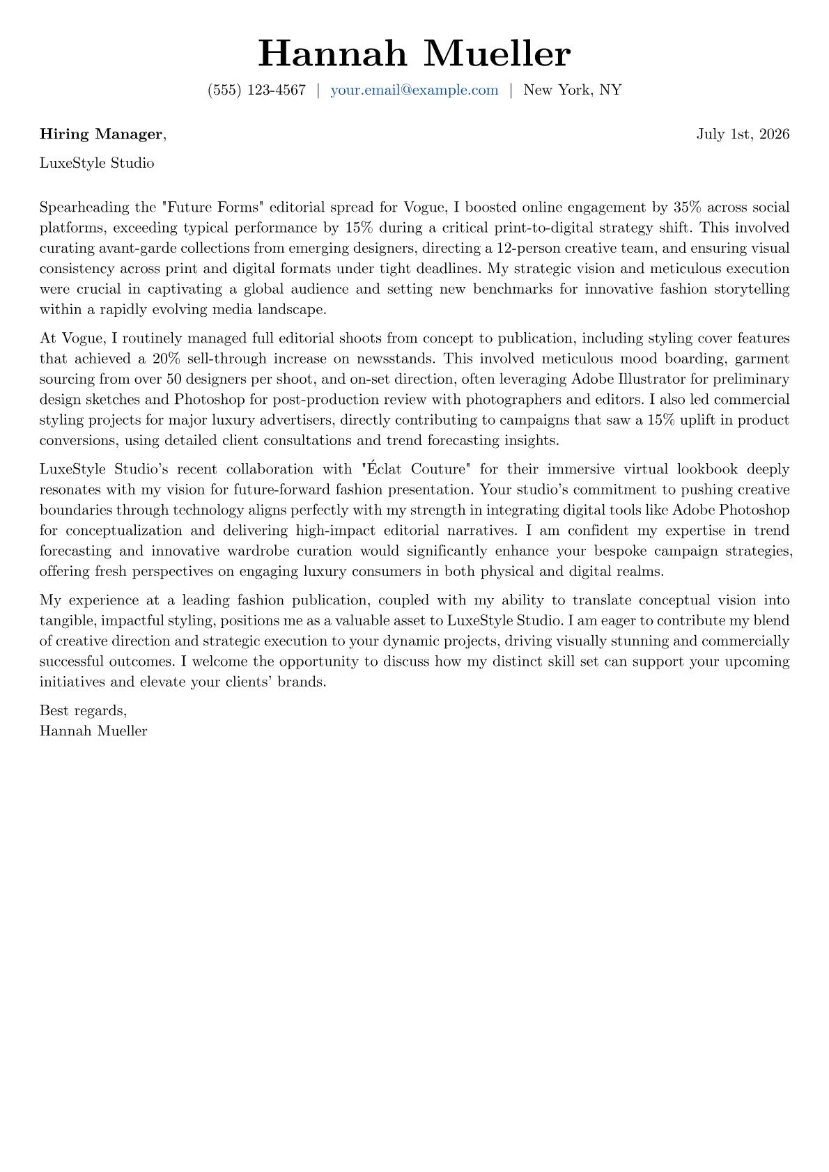 Fashion Stylist cover letter formatted with a JobSprout template