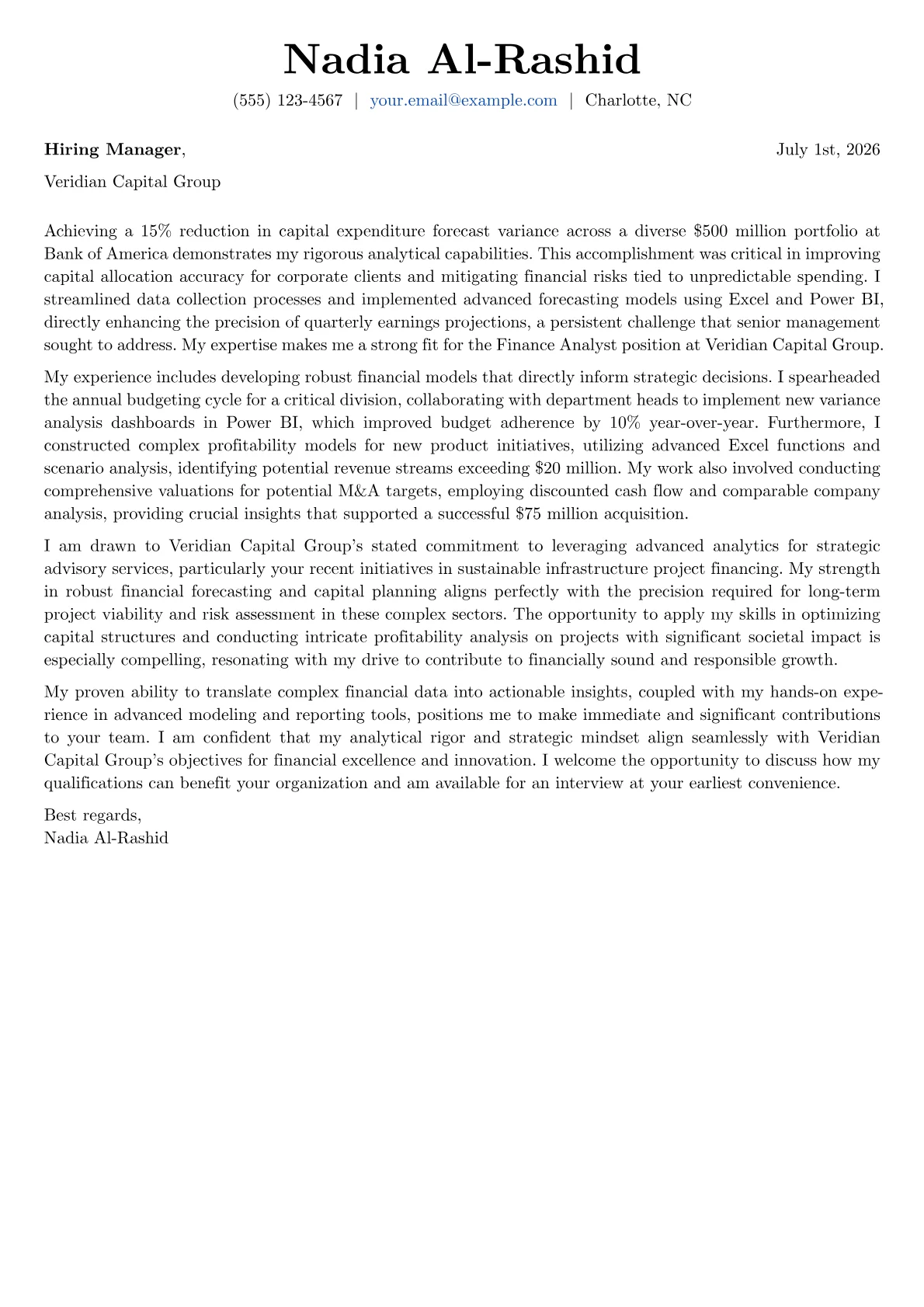 Finance Analyst cover letter formatted with a JobSprout template