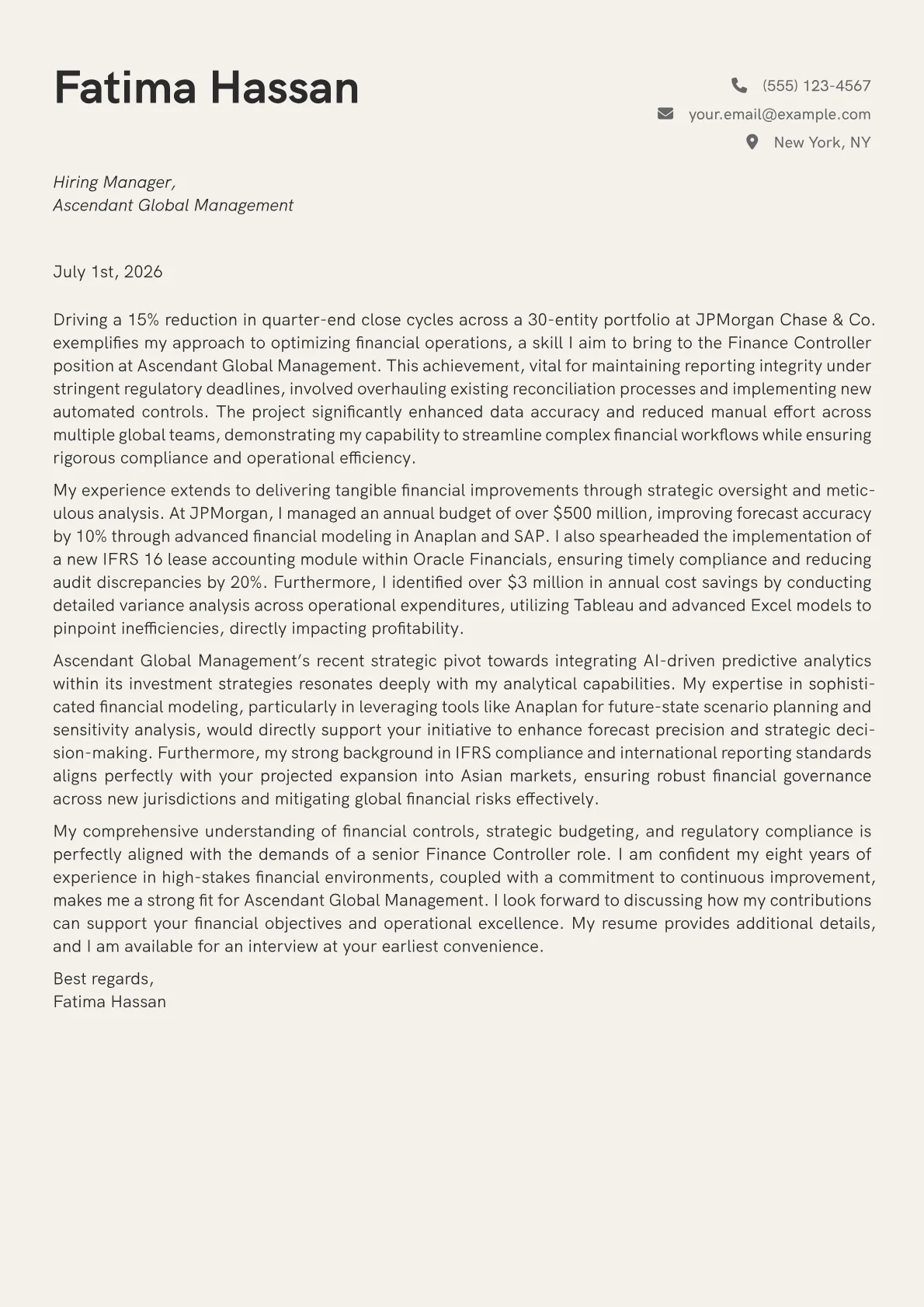 Finance Controller cover letter formatted with a JobSprout template