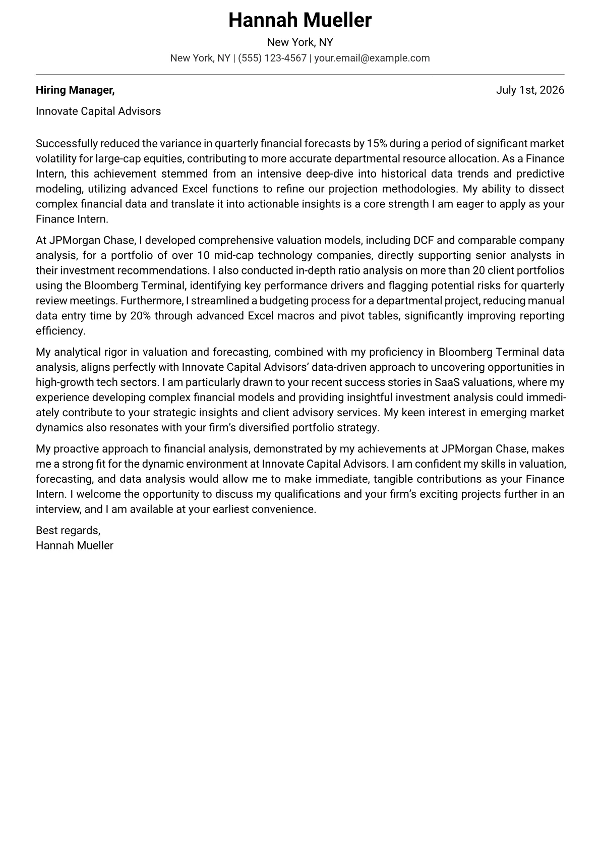 Finance Intern cover letter formatted with a JobSprout template