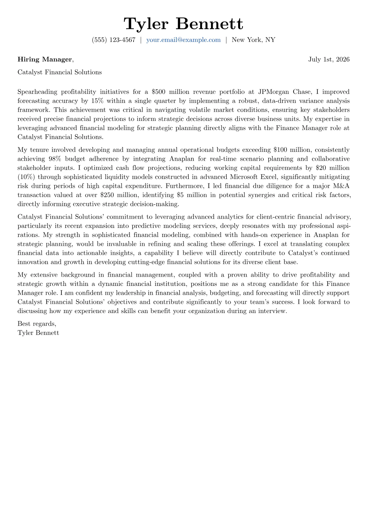 Finance Manager cover letter formatted with a JobSprout template