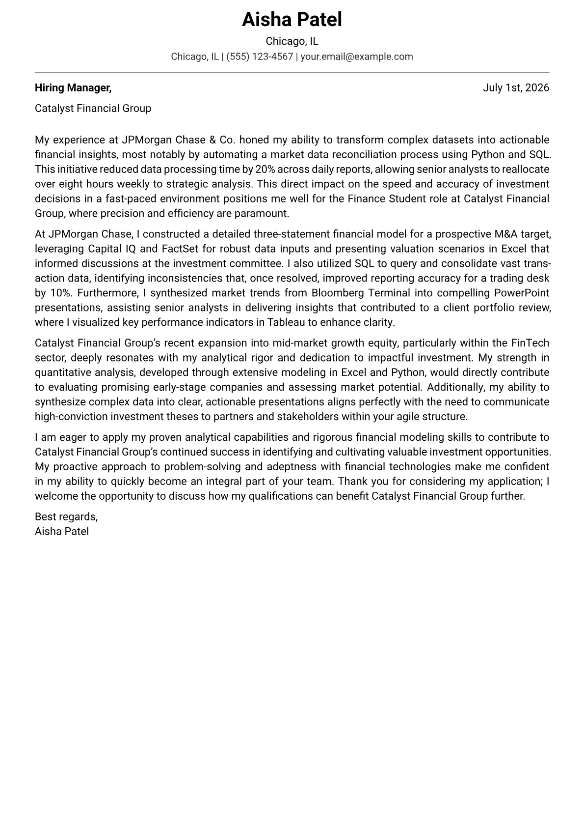 Finance Student cover letter formatted with a JobSprout template
