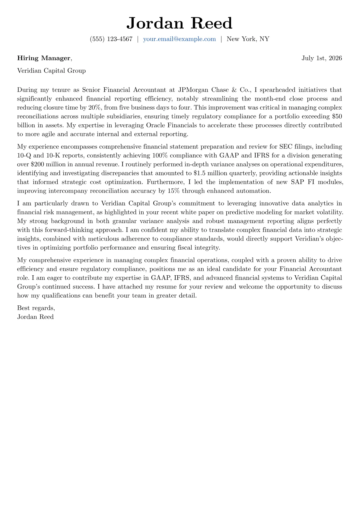 Financial Accountant cover letter formatted with a JobSprout template