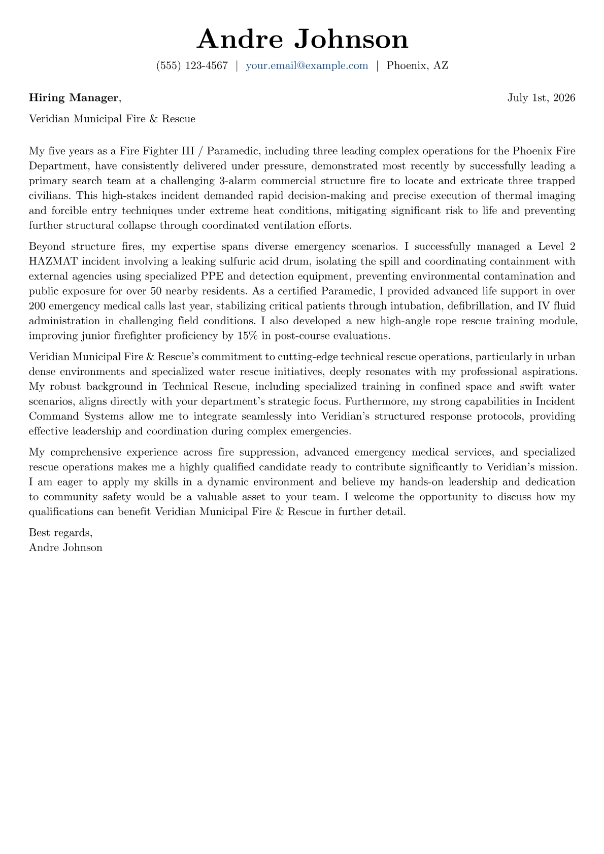 Fire Fighter cover letter formatted with a JobSprout template