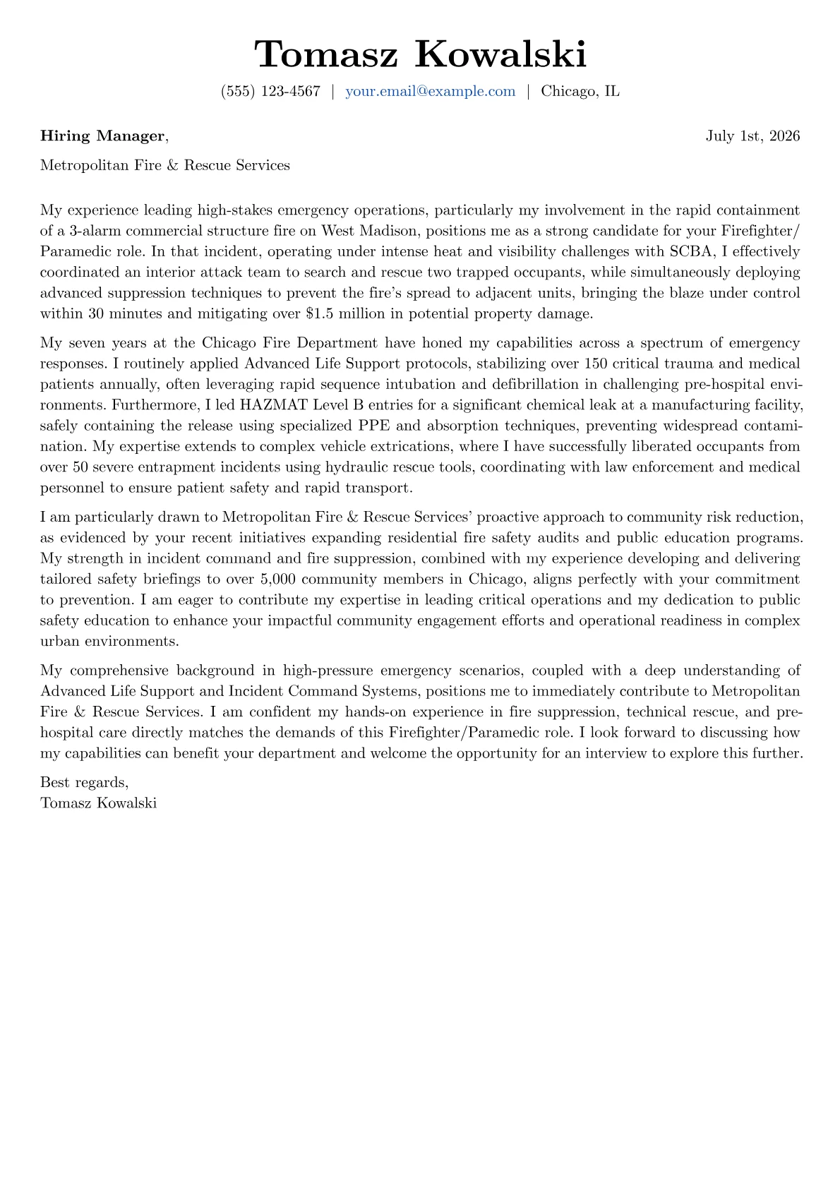 Fireman cover letter formatted with a JobSprout template