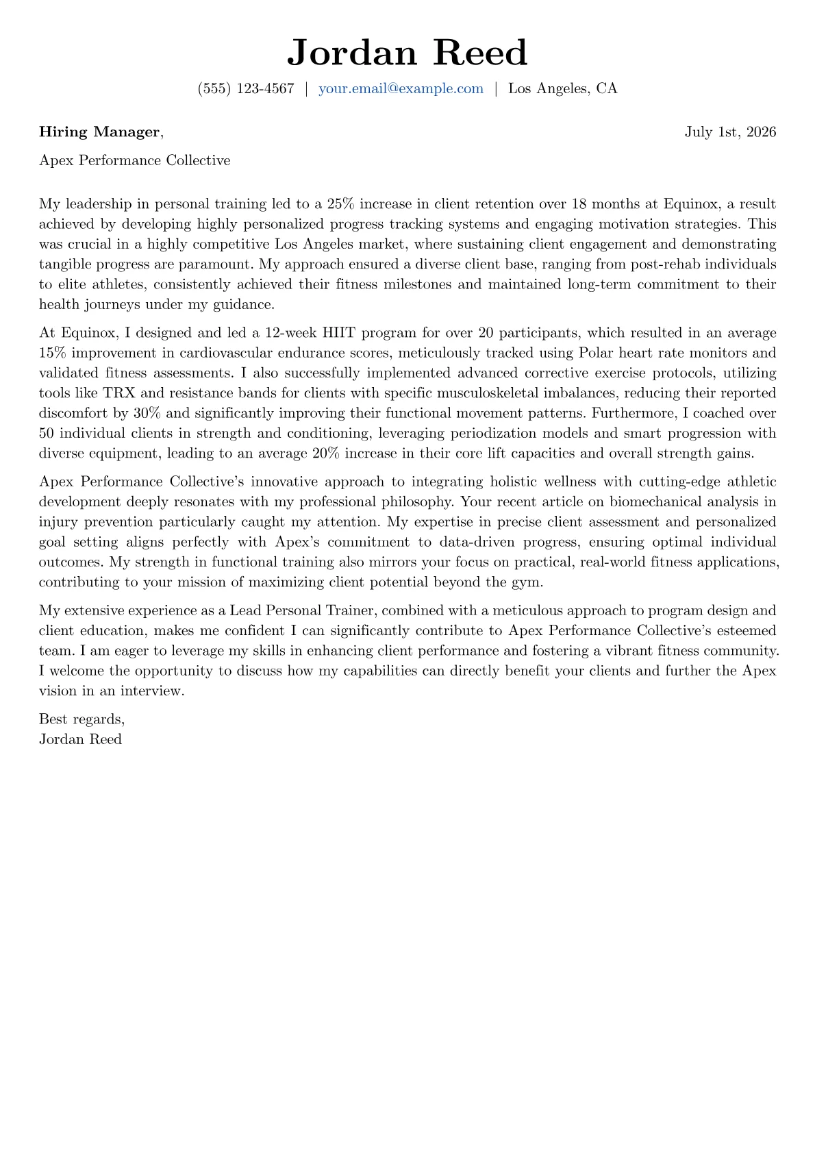 Fitness Trainer cover letter formatted with a JobSprout template