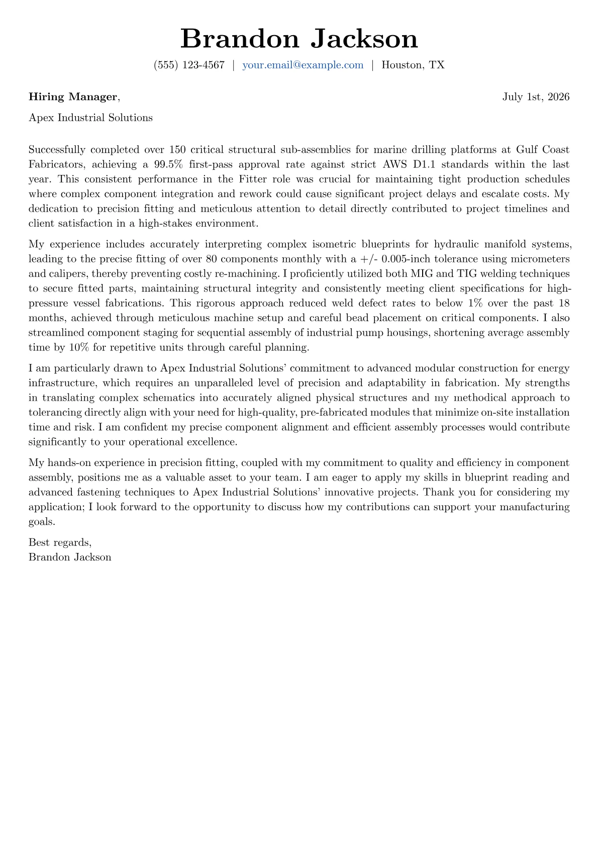 Fitter cover letter formatted with a JobSprout template