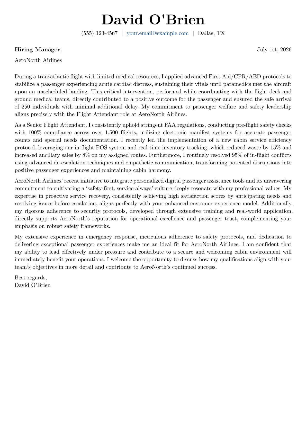 Flight Attendant cover letter formatted with a JobSprout template