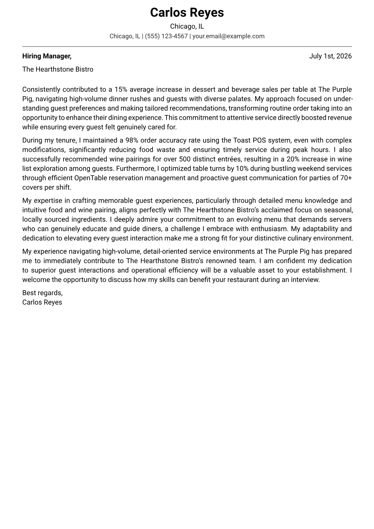 Food Server cover letter formatted with a JobSprout template