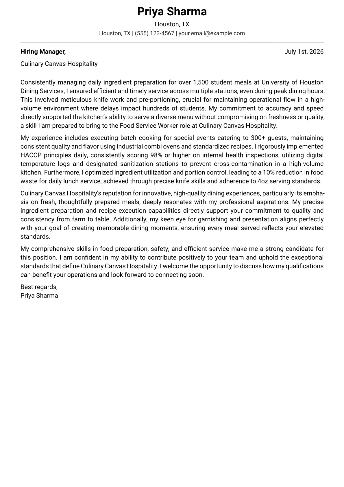 Food Service Worker cover letter formatted with a JobSprout template