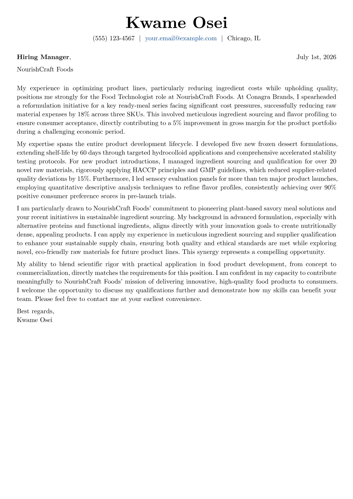 Food Technologist cover letter formatted with a JobSprout template