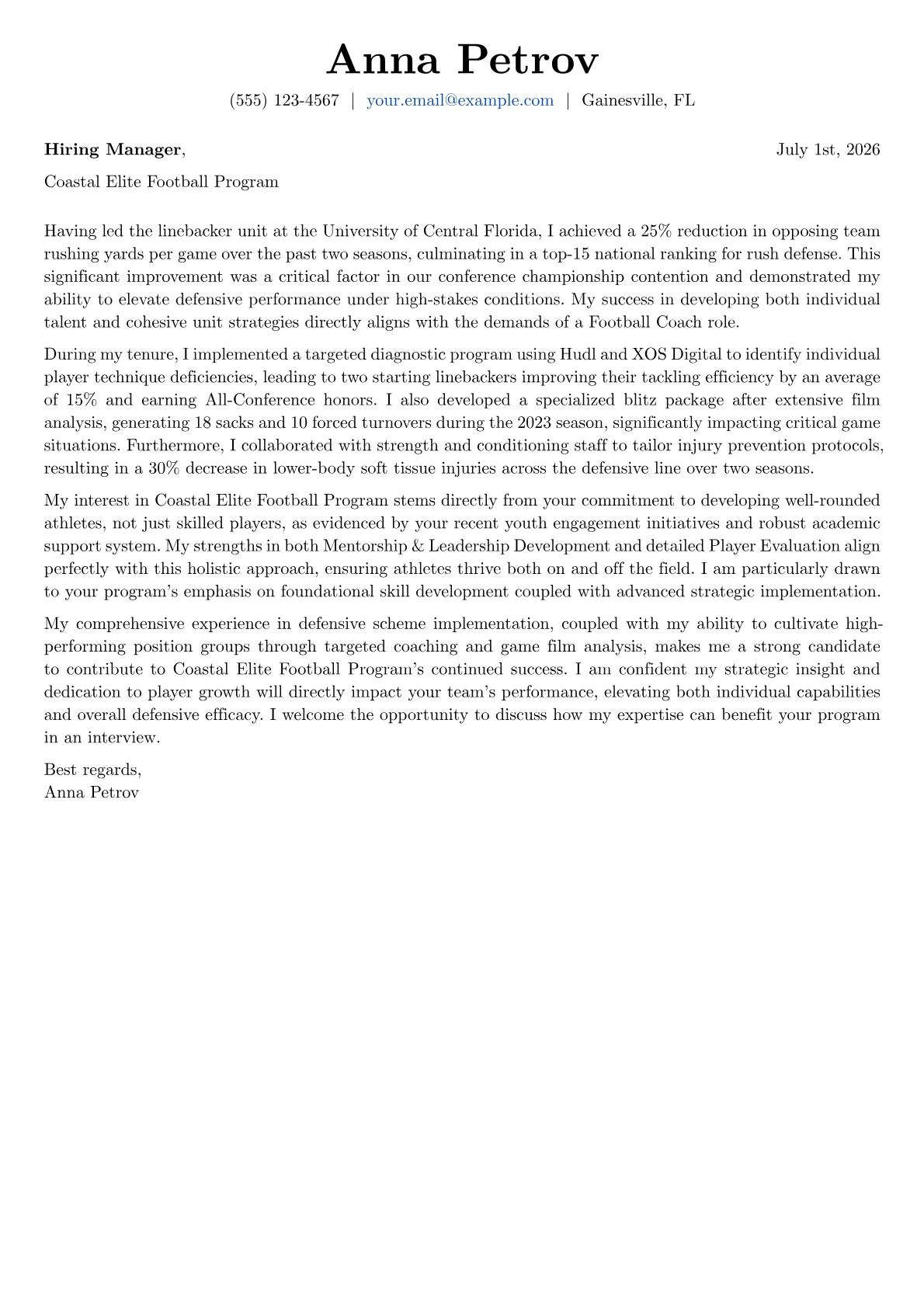 Football Coach cover letter formatted with a JobSprout template