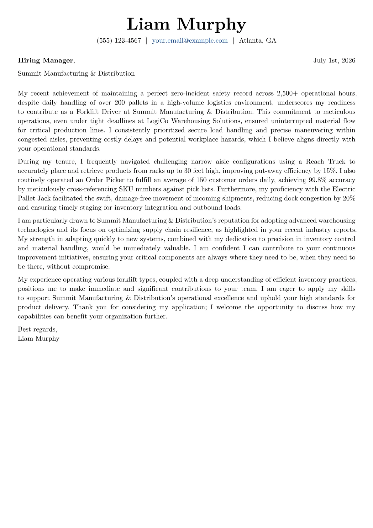 Forklift Driver cover letter formatted with a JobSprout template