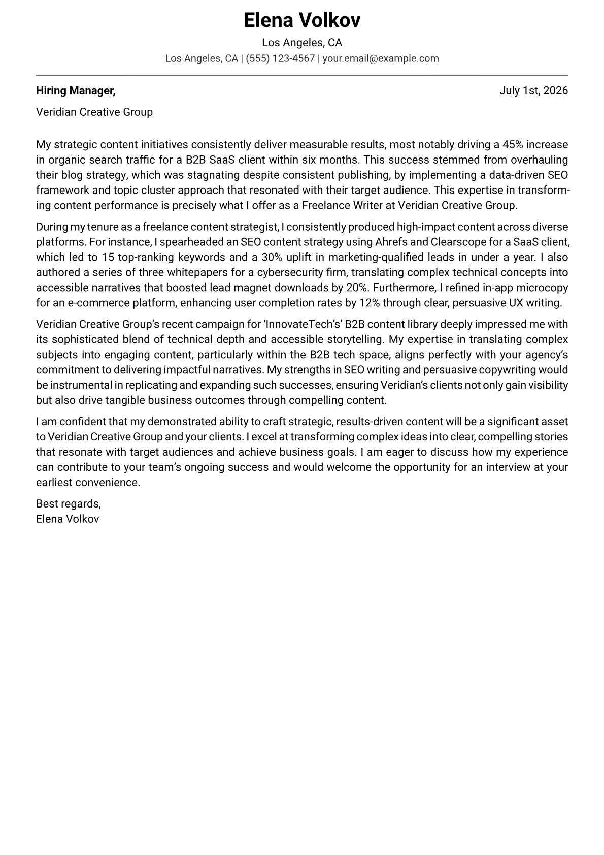 Freelance Writer cover letter formatted with a JobSprout template