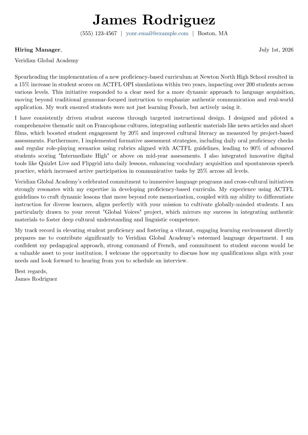 French Teacher cover letter formatted with a JobSprout template