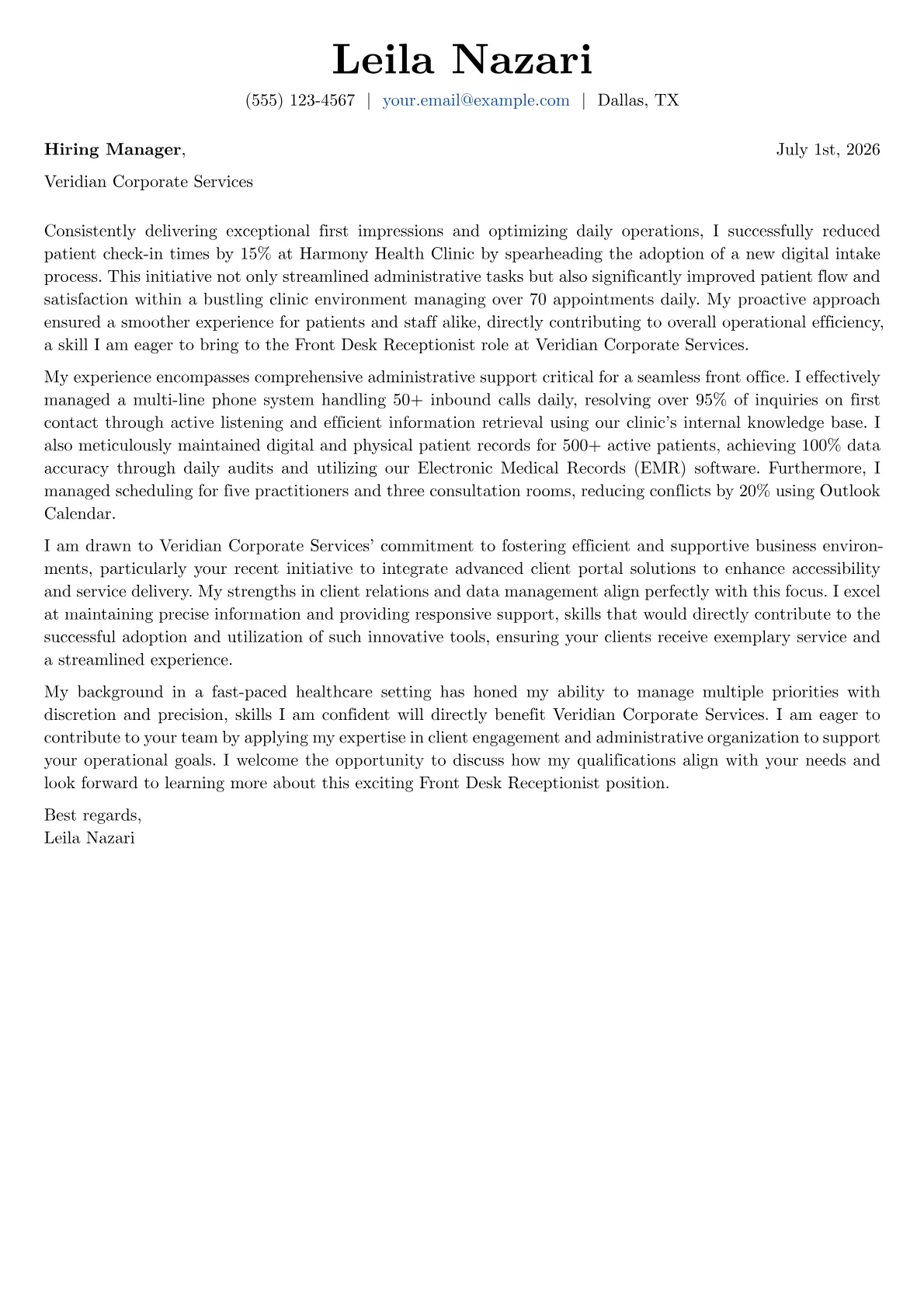 Front Desk Receptionist cover letter formatted with a JobSprout template