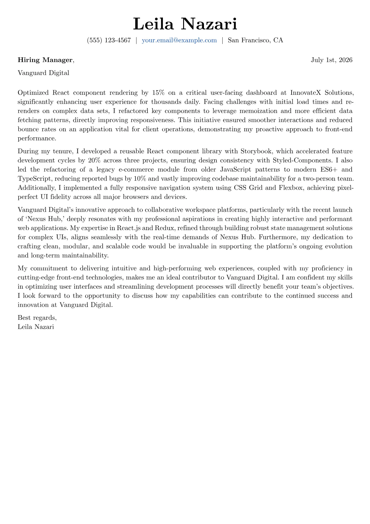 Front End Web Developer cover letter formatted with a JobSprout template