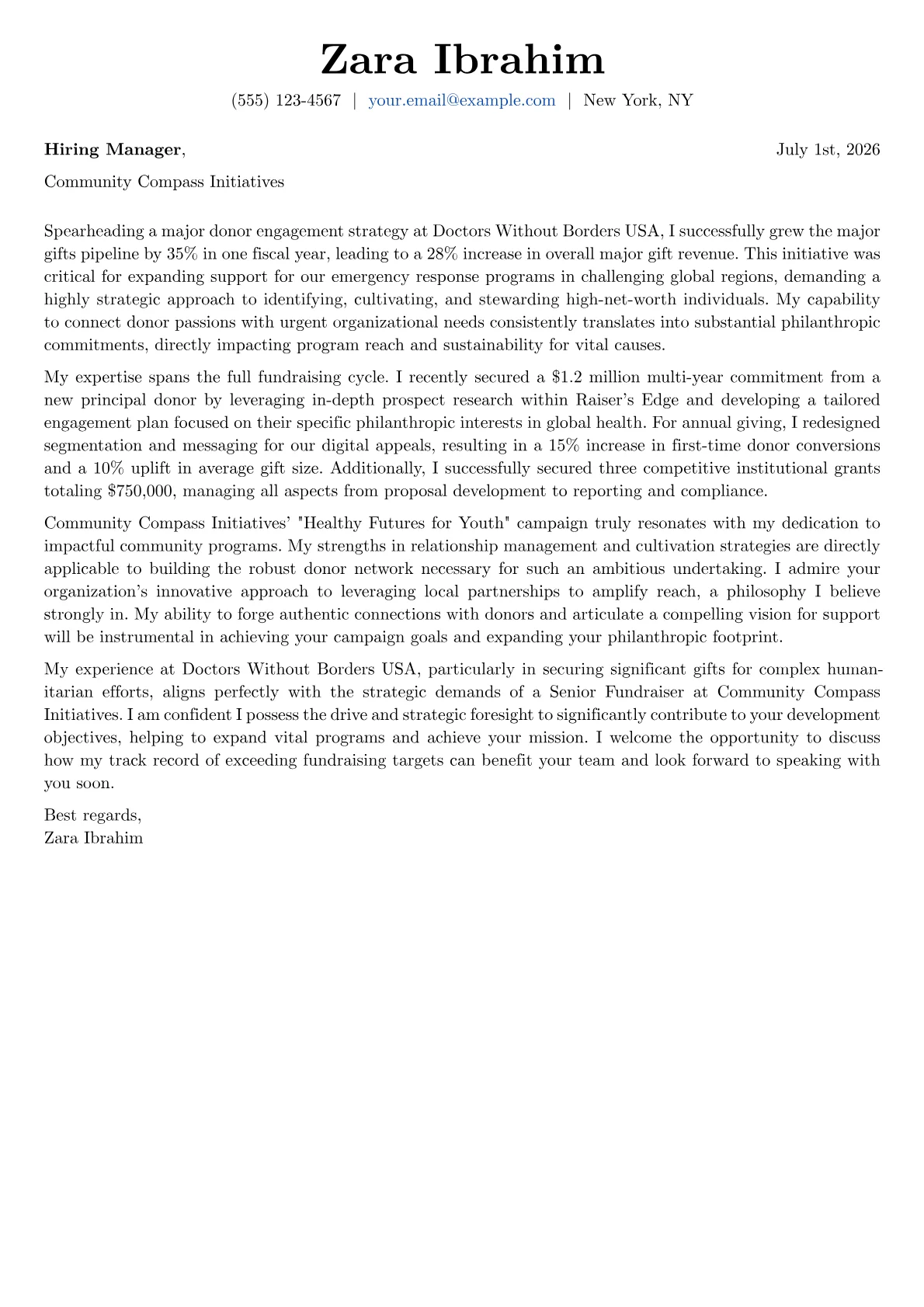 Fundraiser cover letter formatted with a JobSprout template