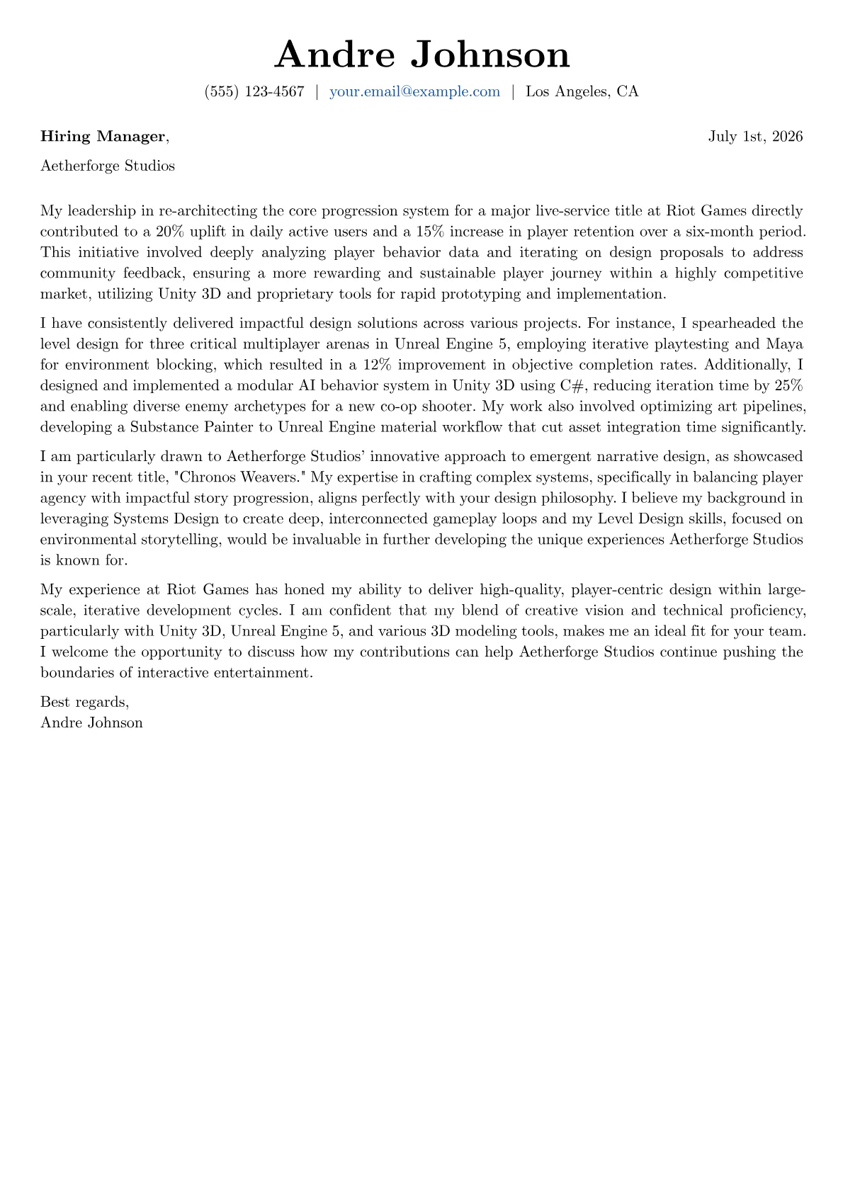 Game Designer cover letter formatted with a JobSprout template