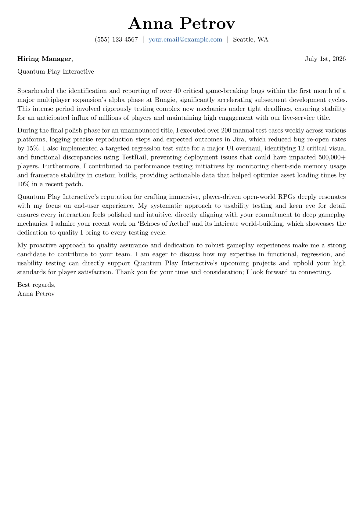 Game Tester cover letter formatted with a JobSprout template