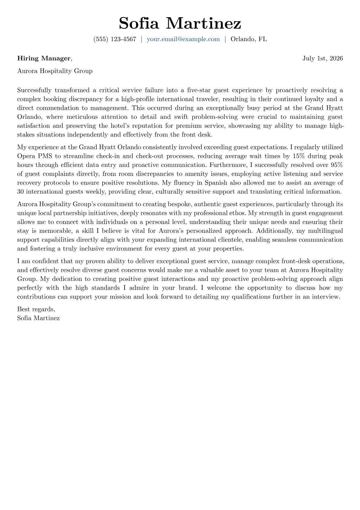 Guest Services Agent cover letter formatted with a JobSprout template