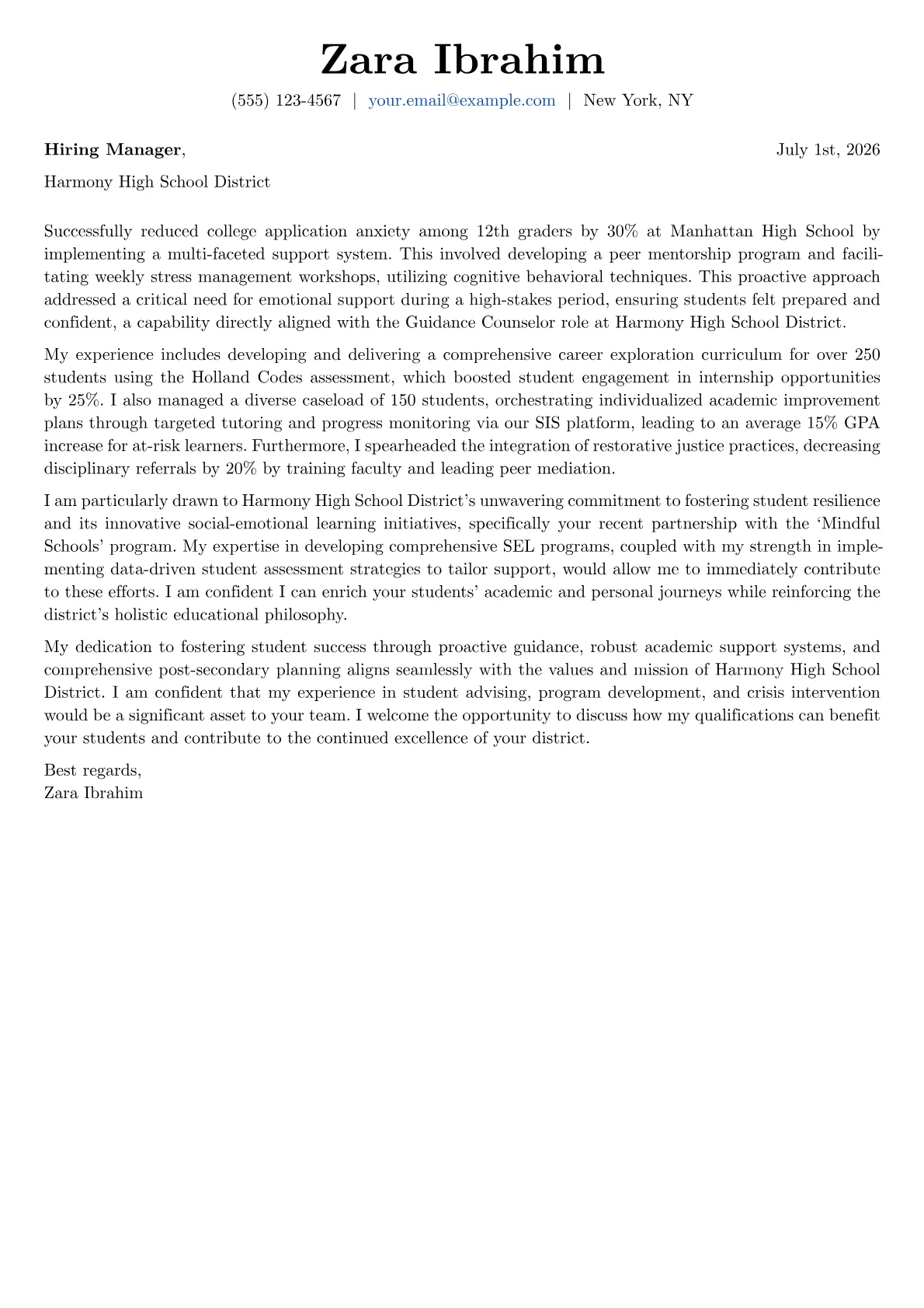 Guidance Counselor cover letter formatted with a JobSprout template