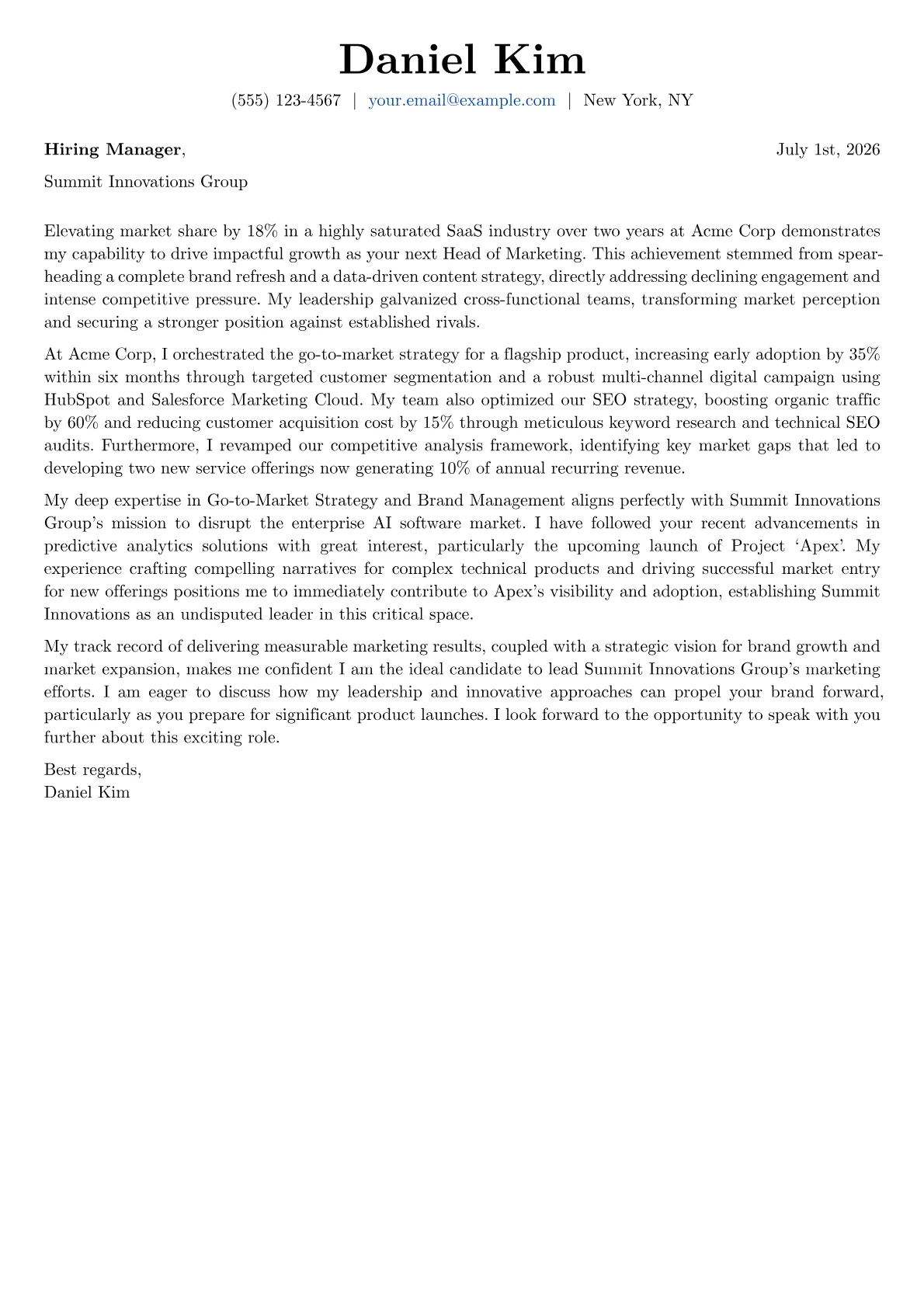 Head of Marketing cover letter formatted with a JobSprout template