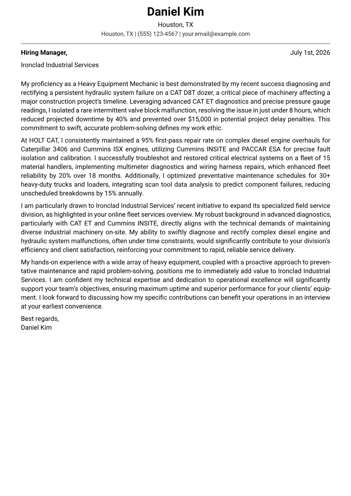 Heavy Equipment Mechanic cover letter formatted with a JobSprout template