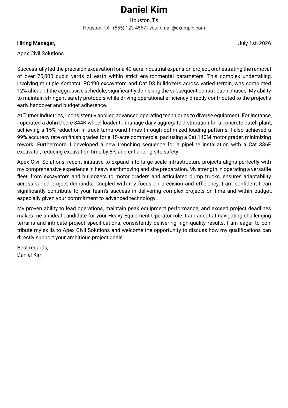 Heavy Equipment Operator cover letter formatted with a JobSprout template