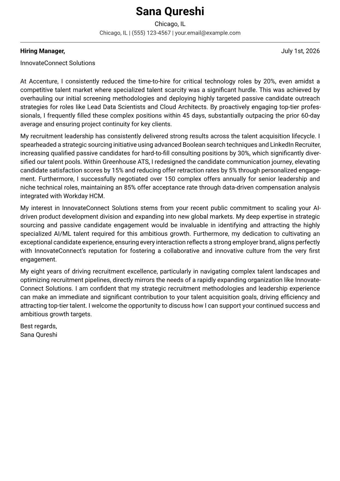 Hiring Manager cover letter formatted with a JobSprout template
