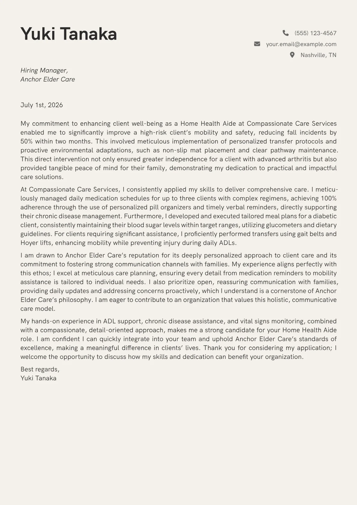Home Health Aide cover letter formatted with a JobSprout template