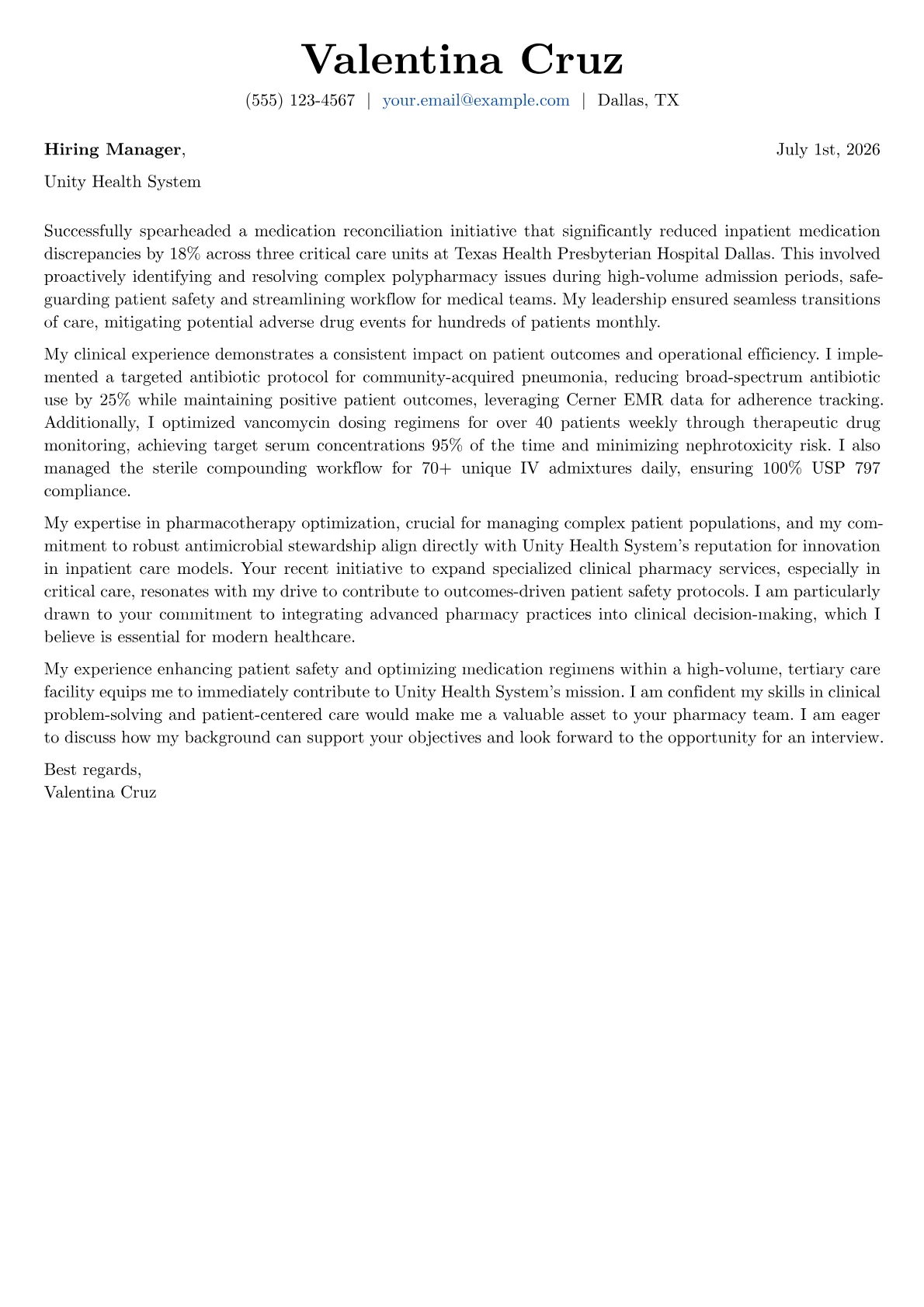 Hospital Pharmacist cover letter formatted with a JobSprout template