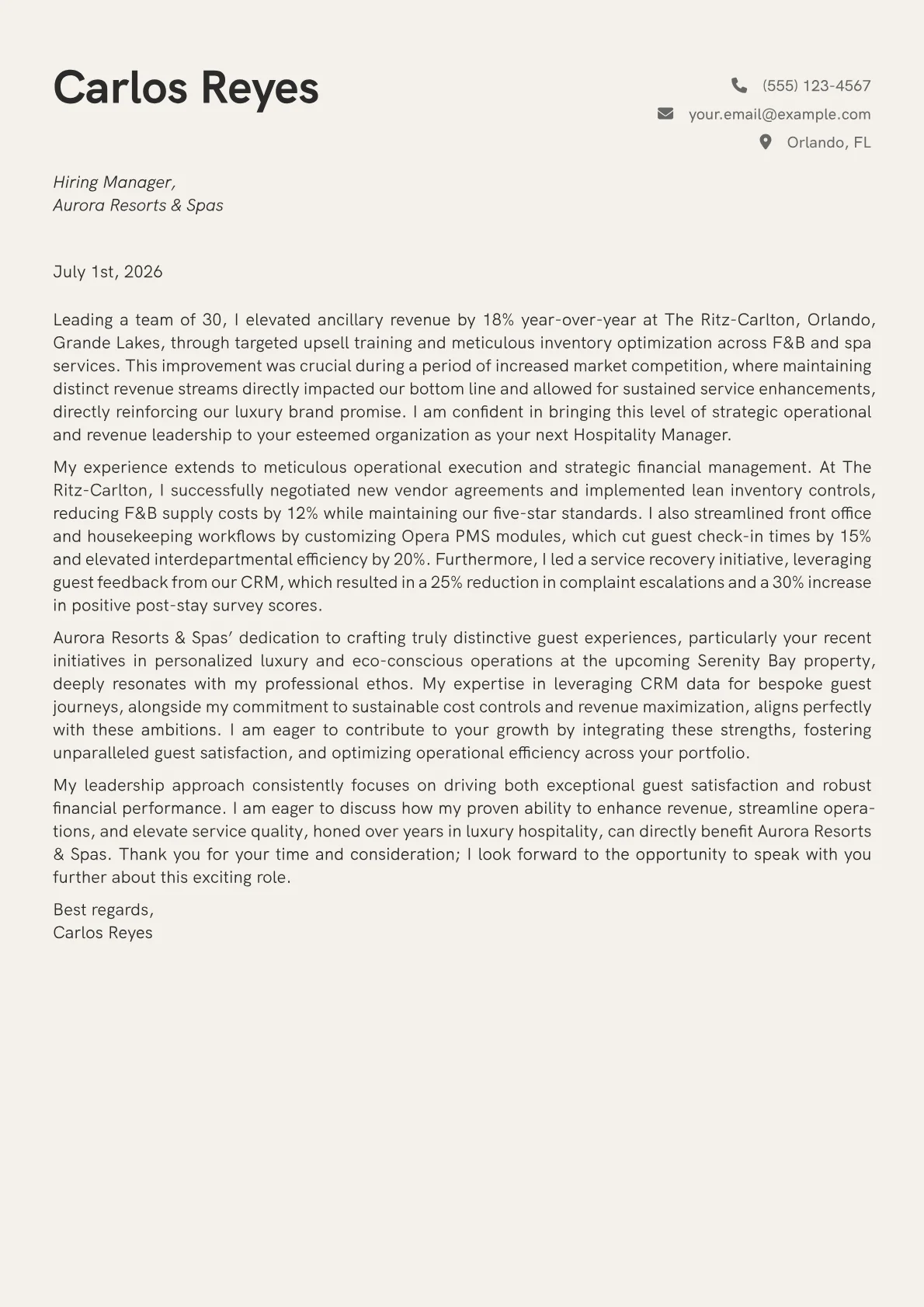 Hospitality Manager cover letter formatted with a JobSprout template